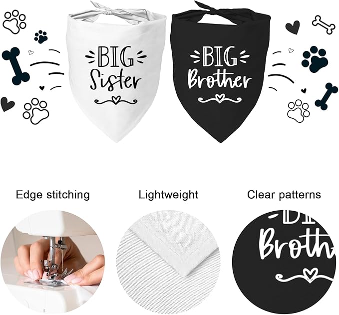 2 Pack Big Sister Big Brother Dog Bandanas, Adjustable Pet Bandana for Pregnancy Announcement, Soft Triangle Scarf for Small Medium Large Dogs, Puppy Sibling Reveal Accessories(Black&White)