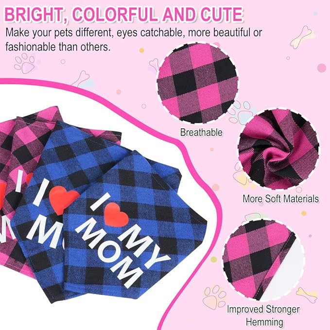 GreenJoy Cute Plaid Dog Bandana – Washable Pet Triangle Scarf for Small, Medium, Large Dogs and Cats, Adjustable Pet Accessory for Birthday, Wedding and Christmas (Pink (I Love My Mom), Large)