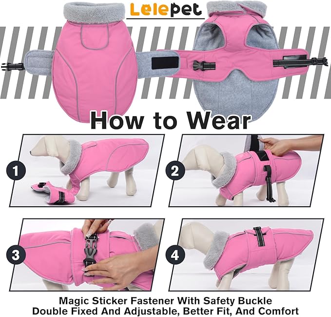 Lelepet Warm Dog Coat Reflective Fleece Vest Waterproof Dog Jacket with Adjustable Buckle Hook & Loop Windproof Cold Weather Coats for Small Medium Large Dogs, Pink, L