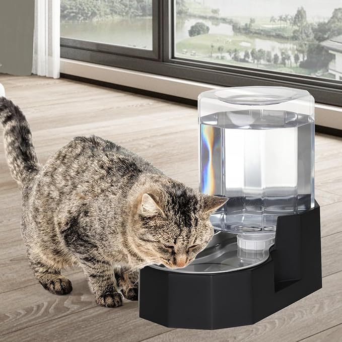 Sfozstra Gravity Water Bowl Dispenser : Automatic 5L Black Cat Stainless Steel Feeder Without Filters for Pets Indoor/Outdoor by Owners