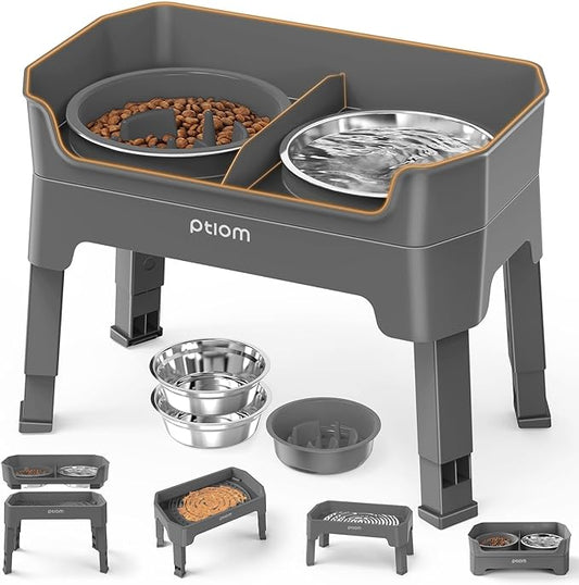 KPWACD 4-in-1 Elevated Slow Feeder Dog Bowls, 4 Height Adjustable Mess Proof Raised Dog Bowl Stand with Licking Plate, 2 Stainless Steel Doggy Food Bowl & Slow Feeder for Large Medium Small Pets