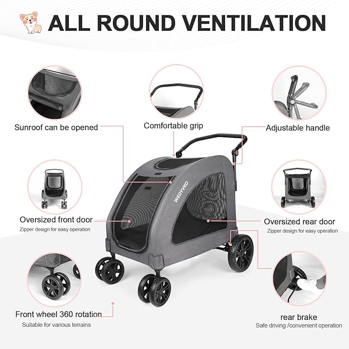 Dog Stroller with 4 Wheels, Folding Cat Strolling for Small/Medium/Large Dogs & Cats to 120 lbs, pet Stroller with Removable Carrier, Storage Basket,Cup Holder (Dark Grey)