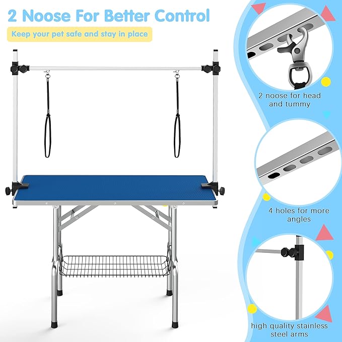 46''Large Dog Grooming Table, Adjustable Cat Drying Desktop with Arms, Nooses, Mesh Tray, Foldable Pet Station at Home, Maximum Capacity Up to 330Lb, 46inch, Blue