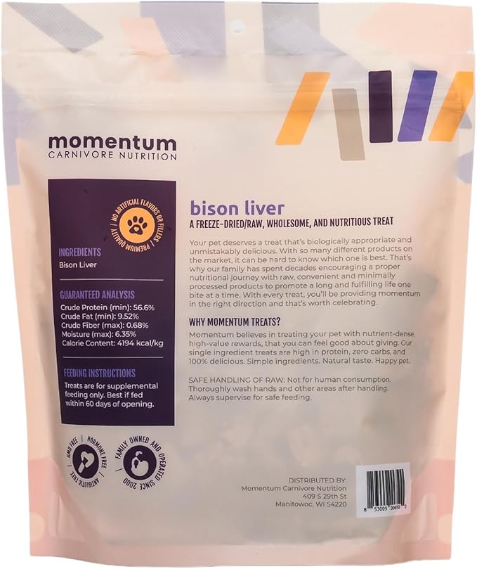 Momentum Carnivore Nutrition Freeze-Dried Bison Liver Dog Treats – Single-Ingredient, Dog & Cat Treats – High-Protein, Grain-Free– 4 oz Pack