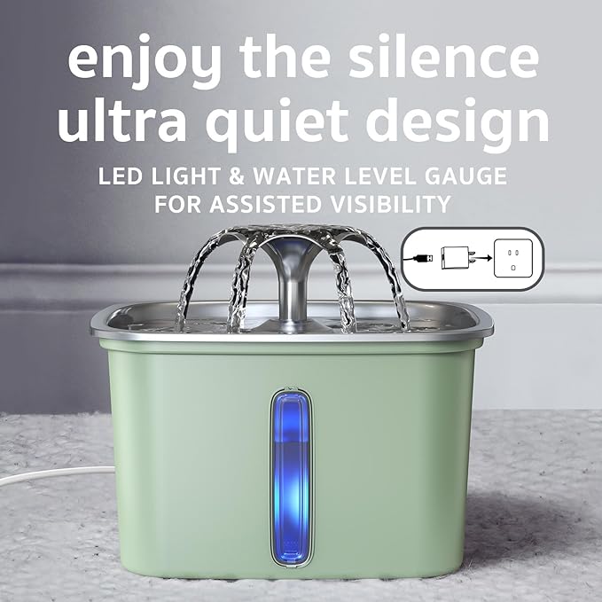 Veken Innovation Award Winner Stainless Steel Cat Water Fountain, 95oz/2.8L Automatic Pet Fountain Dog Water Dispenser with Replacement Filters & Silicone Mat for Cats, Dogs, Multiple Pets (Tea Green)