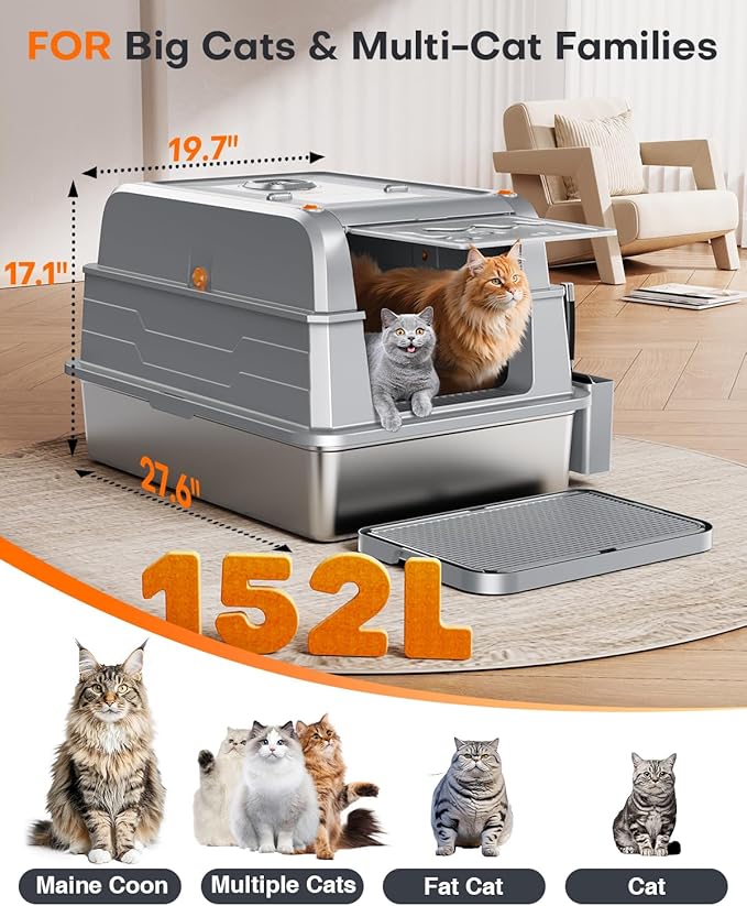CATLIKE 2025 Upgrade 152L XXXL Stainless Steel Cat Litter Box - 3-Layer Urine Leak-Proof, Enclosed Design w/Charcoal Filter for Maine Coon & Multi-Cat Homes, Includes Metal Scoop & Mat