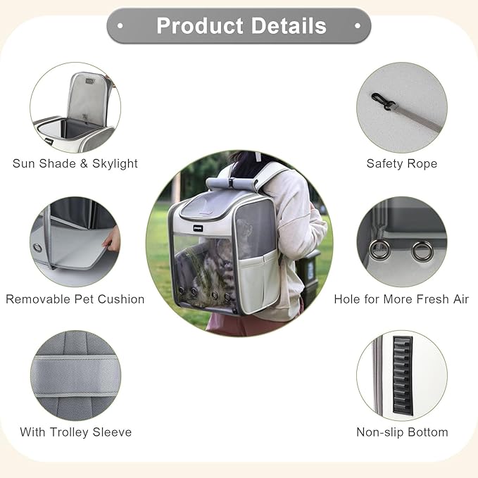 Cat Carrier Backpack, Large Pet Carrier Backpack, Cat Travel Backpack with Breathable Mesh, Cats Backpack Carrier for Small Dog Kitten Cats Carrying Bag, Pet Backpack for Hiking, Light Gray