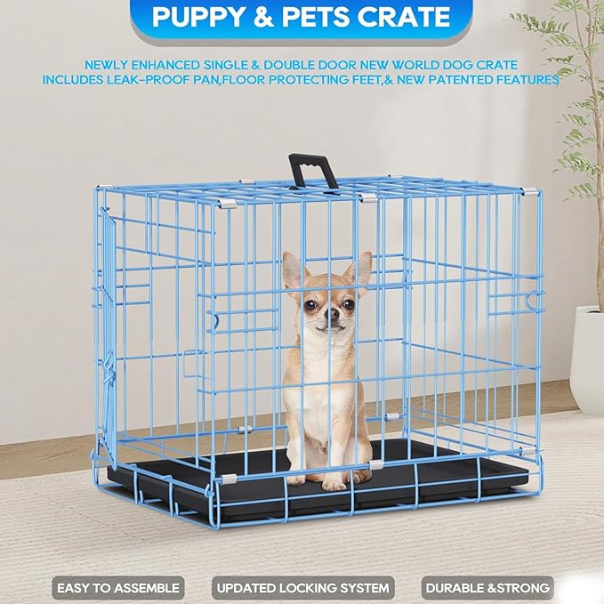 FDW Dog Crate for Small Dogs 18 Inch Folding Metal Wire Pet Cage Single Door W/Divider Panel Indoor Outdoor Kennel Leak-Proof Plastic Tray,Blue