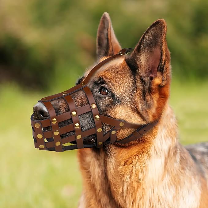 OOPSDOGGY German Shepherd Dog Muzzle for Large Dogs - Leather Breathable Secure Basket Muzzle for Large Breeds Prevents Biting No Chewing Adjustable (Brown, Size 8 - German Shepherd)