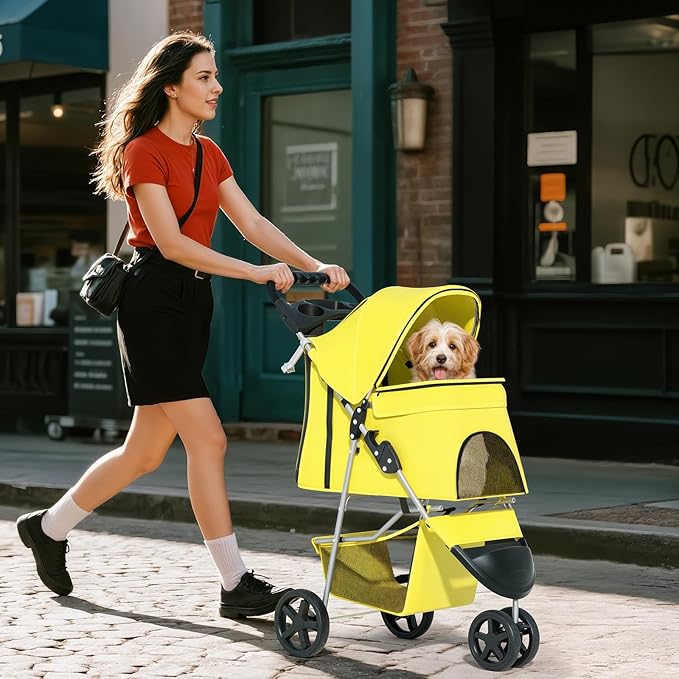 Cat & Dog Stroller, 3-Wheels Foldable Pet Stroller for Medium/Puppy Dogs & Cats, 30 Lbs, Yellow Mesh with Storage Basket & Cup Holder