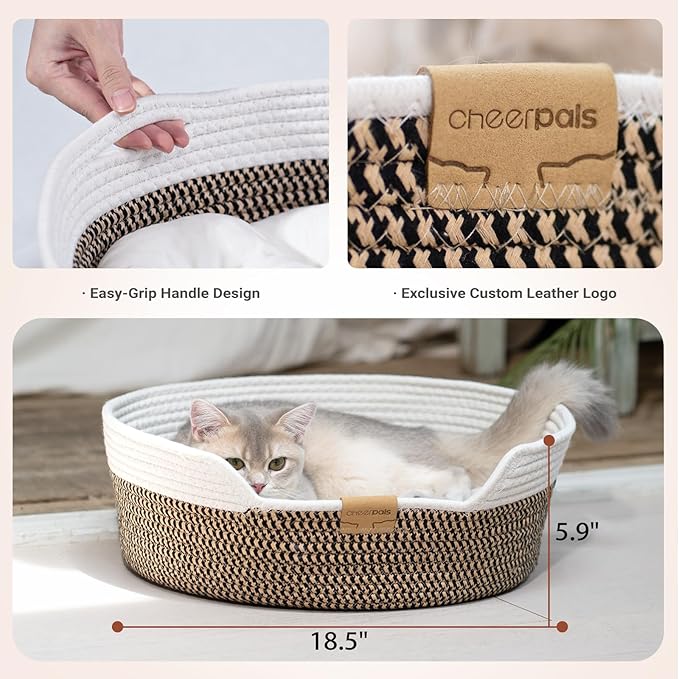 CHEERHOME PETS Cat Bed Basket with Cushion, Cute Pet Bed for Indoor Cats Couch, Kitten Bed for Medium and Large Cat, All Season Universal (Brown)