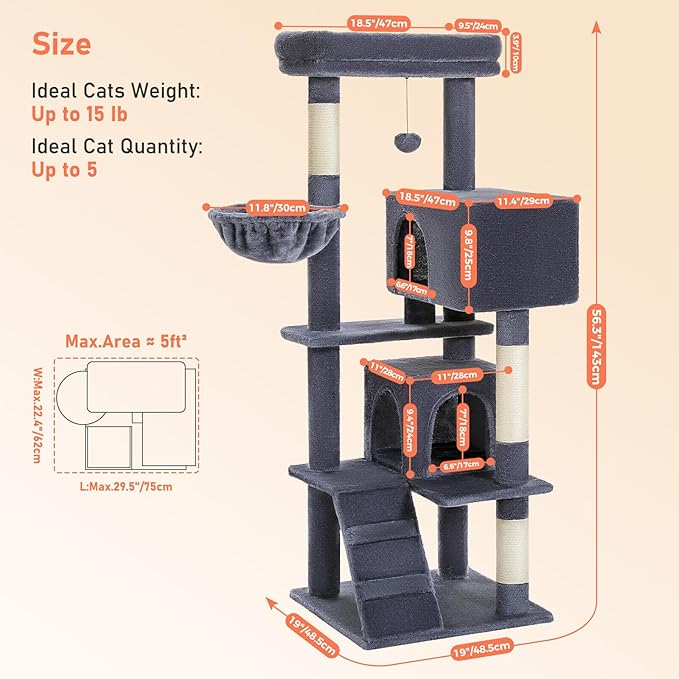 Cat Tree for Indoor Cats, 2 Cozy Condos with Spacious Top Perch, 56.3-Inch Multi-Level Cat Tower with Scratching Posts, 2 Caves, Plush Hammock and Climbing Ramp, Dark Grey