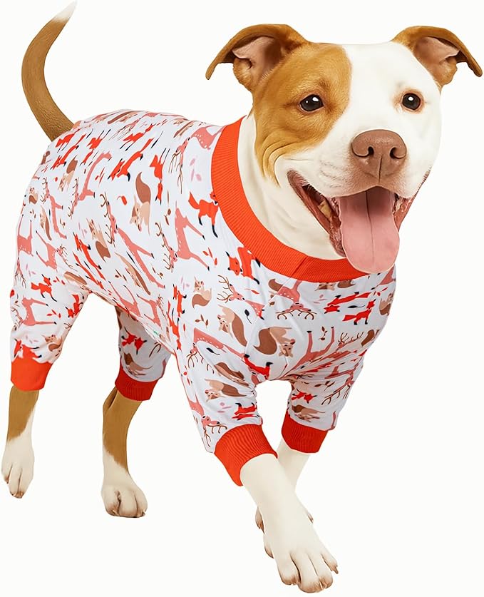 LovinPet Big Dog Clothes for Large Dogs Girls, Onesies for Dogs,Lightweight Stretchy Fabric,Critters Cream Print Dog Jumpsuit,Uv Protection Shirt, Pajamas for Pitbulls, Pitbull Shirt,Large