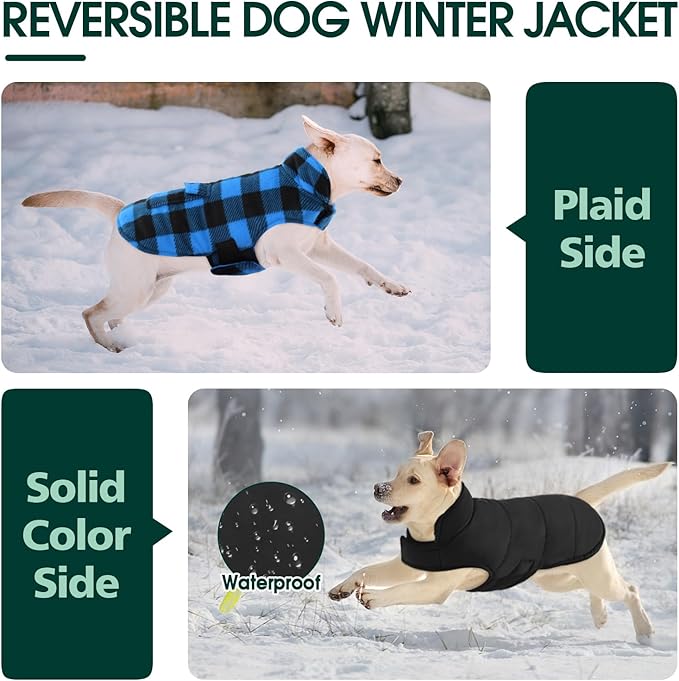 Kuoser Dog Winter Coat, Windproof Dog Fleece Jacket British Style Plaid Cold Weather Doggie Vest Coats, Reversible Cozy Warm Pet Clothes Apparel for Medium Dogs M