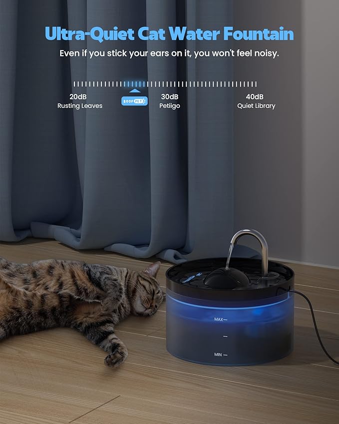 Cat Water Fountain + 6 Filters + 3 Sponges, Pet Water Fountain with Ultra Silent Pump, Activated Carbon Filter Keep The Water Clean, 2.2L Capacity, Faucet Design, Anti Sputtering