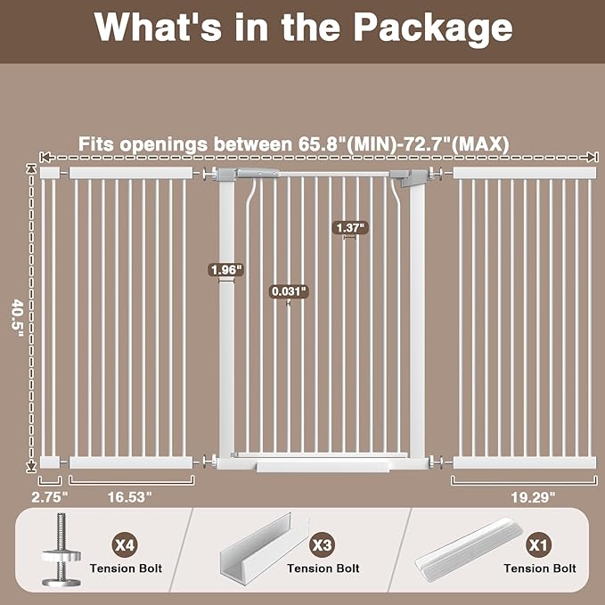 41" Extra Tall Baby Gate for Doorway, 65.8-72.2'' Metal Pet Baby Safe Gate, Extra Wide Pressure Mounted Cat Gate with Expansion Kit, No Drilling Cat Fence Indoor, Tall Dog Gate, White