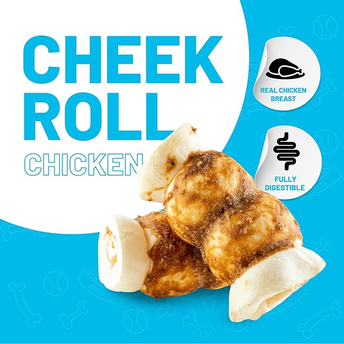 Sitka Farms Beef Cheek ROLL Chicken 5-6 Inch (4 Count) Extra Thick Dog Chew Bones No Rawhide Sourced from Free Range Grass Fed/Healthy Teeth and Gums for Small Medium and Large Dogs