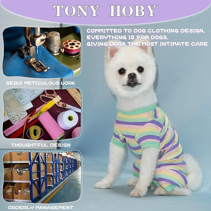 TONY HOBY Dog Pajamas, Male Dogs Pajama Clothes with Rainbow Stripe, Dog 4 Legged Jumpsuit Knit Clothes for Small Medium Size Dogs (Green&Yellow, Boy, M)