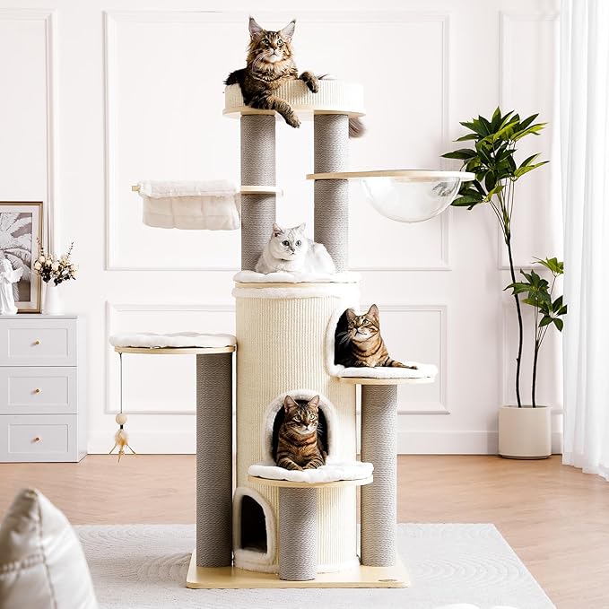 63'' Tall Castle Cat Tree House for Maine Coon,Solid Wood Modern Cat Tower for Indoor Large Cats,Multi-Level Heavy Duty Luxury Cat Condo with Sisal Scratching Post,Perch,Cushion,Hammock for Mult-Cats