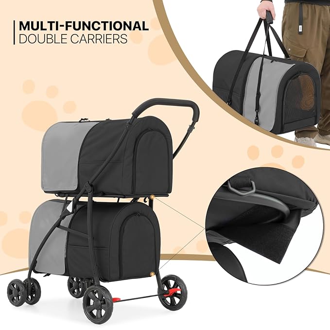 MoNiBloom Double Dog Stroller with Detachable Carrier Bags Large 4 Wheels Foldable Jogger for Small and Medium Dog Cats, Black/Gray
