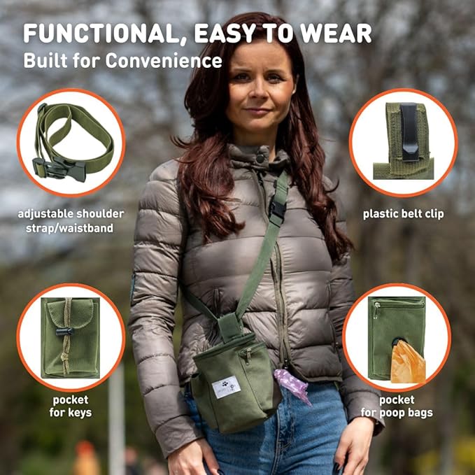 INSPECTOR TAIL Dog Treat Pouch w Drawstring to Prevent Spills | 2 Cup Tote | Hands Free w 4 Ways to Wear Puppy Bag w Pockets for Snacks Poop Bags Keys & Cards | Pet Training Walking & Rewarding Holder