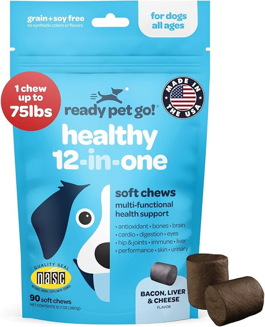 12-in-1 Complete Multivitamin for Dogs | Dog Multivitamin Chewable with Glucosamine Chondroitin & Digestive Probiotics for Dogs of All Ages and Sizes | NASC Certified & Made in The USA | 90 Chews