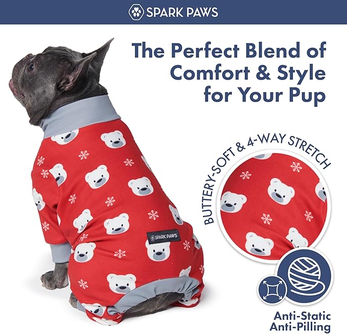 Spark Paws Dog Christmas Pajama, Dog Recovery Suit Male, Onesie, Ultra-Soft and 4-Way Stretch, for Small Medium and Large Breeds - Polar Bear - S