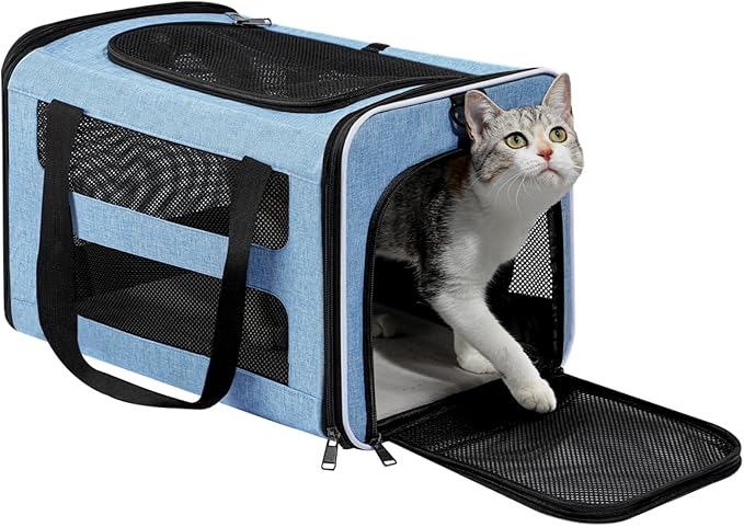 Cat Carrier Soft-Sided 18x11x11 Inch Travel Bag for Medium Cats Over 15lbs, Small Dog Carrier Crate Top Entry Breathable Mesh Puppy 12 Pounds, Pet Rabbit Carrying Cage Kennel Collapsible Blue
