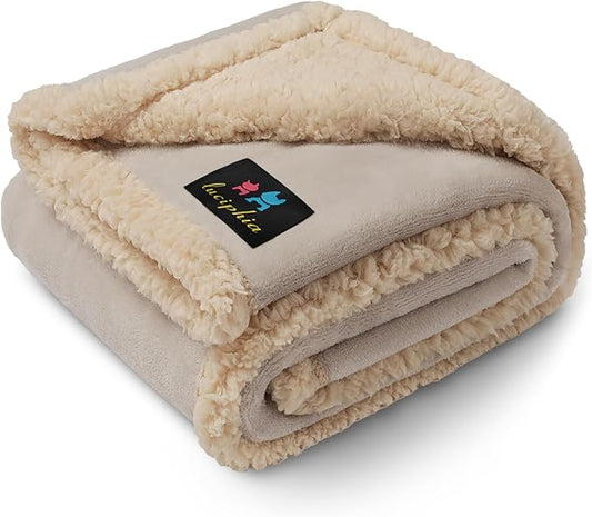 Luciphia Waterproof Pet Blankets, Liquid Pee Proof Dog Blanket for Sofa Bed Couch, Reversible Sherpa Fleece Furniture Protector Cover for Small Medium Large Dogs Cats, Dark Beige King Size（100" x 85"）