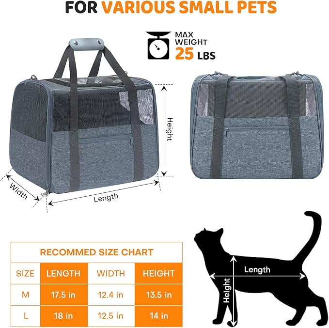JUNGYOUN Premium Cat Carrier - Pet Carrier for Cat & Small Dogs up to 15lbs - Airline Approved Travel Dog Carrier with Anti-Escape Zippers, Collapsible Travel Bowl & Padded Strap,Charcoal