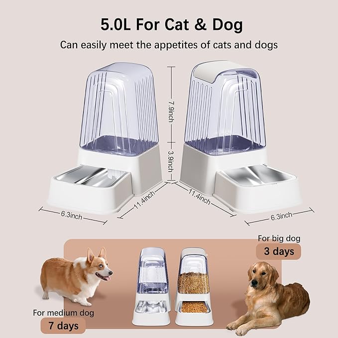 Automatic Dog and Cat Food Feeder and Water Dispenser Set with Stainless Steel Bowls,Gravity Pet Food and Water Feeders,100% BPA-Free,Large Capacity for Cats Dogs Pets…(5L White)