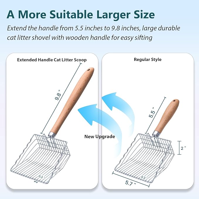 Cat Litter Scoop, 9.8" Extended Handle Premium Kitty Shovel with Hook and Hole, Metal Sifter Scooper Stainless Steel for Easy Cleaning, Durable and Heavy Duty, Odor-Free for Litter Box