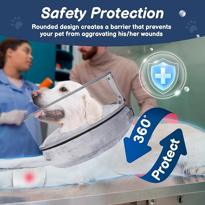 BARKLESS Inflatable Dog Cone, Protective Dog Surgery Collar to Stop Licking Biting Wounds, Patented Soft Donut Cone with Clear Shield, Adjustable Blow-up Collar for Surgery Recovery (Grey, XL)
