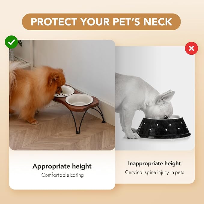 Ceramic 5.5-inch Raised Double-Bowl Set with Non-Slip Stand, Food & Water Dishes for Puppies and Cats, Wide Opening with Rounded Edges(Matt White)