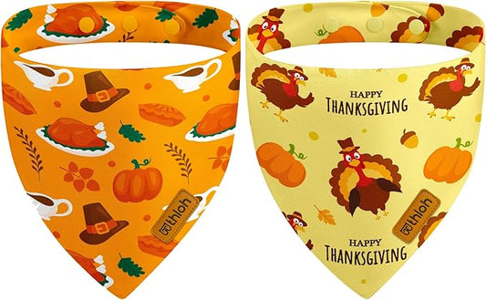Thanksgiving Dog Bandanas with Snap Button, 2 Pack Adjustable Fall Bandanas for Small, Medium, and Large Dogs, Pumpkin Pet Scarf for Autumn Costume Accessory & Photo Shoot (Small)