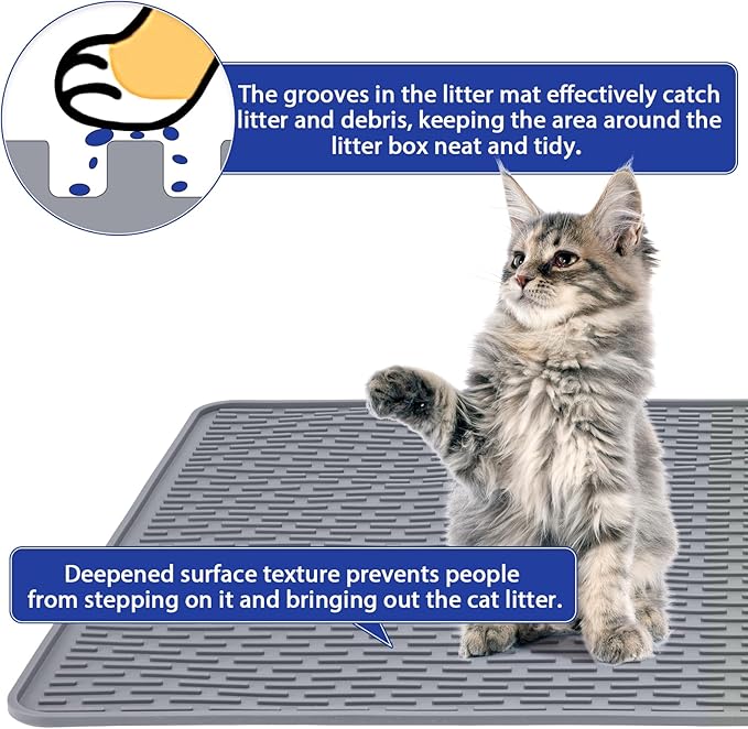 Cat Litter Mat,34x22in Litter Mat with Raised Edges,Waterproof Rubber Litter Box Mat,Soft Washable Cat Litter Mats Litter Trapping Mat Easy to Clean,Indoor Floor Large Kitty Litter Mats Grey