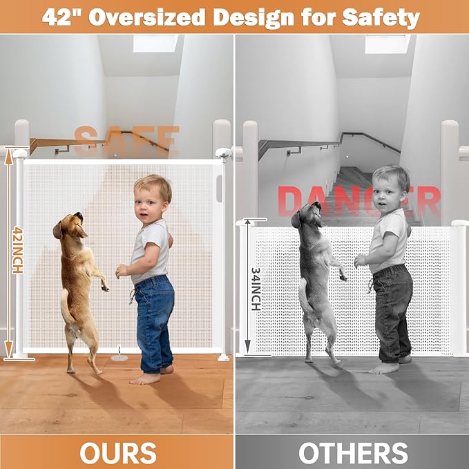 42" Extra Tall Retractable Baby Gates Dog Gate for Stairs, 55" Wide Mesh Baby Gate Pet Gate with Support Rods for The House, Child Safety Gates for Doorways, Hallways, Deck, Porch, Indoor, Outdoor