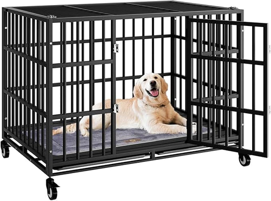 38 Inch Heavy Duty Dog Crate with Wheels，Indestructible Escape-Proof Dog Cage for Large Dogs, Extra Large XL XXL Indestructible Dog Crate with Removable Tray.
