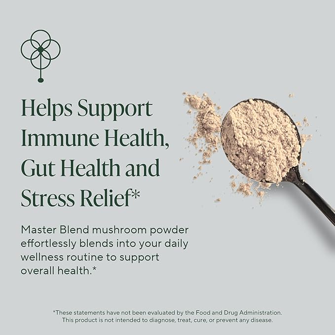 OM Mushrooms Master Blend Mushroom Powder – Organic Mushroom Supplement with 10 Mushrooms and Ashwagandha - Support Immunity, Gut Health & Stress Relief, 6.34 oz (80 Servings)