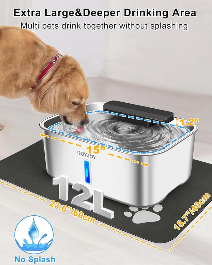Dog Water Fountain for Large Dogs,3 Gallon Stainless Steel Dog Water Bowl Fountain,Large Pet Water Drinking Fountain with Deeper Drinking Area,Swirling Filtration Design with Fresher & Cleaner Water