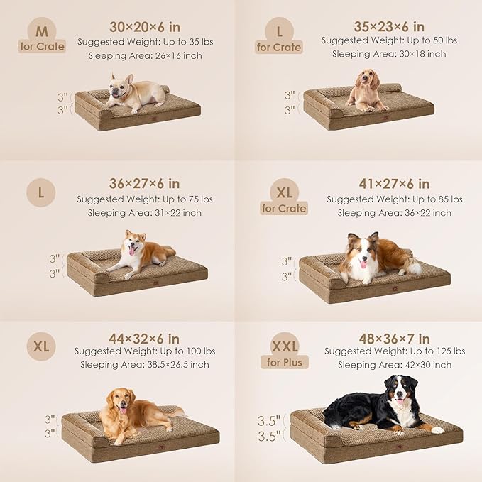 EHEYCIGA Memory Foam Dog Bed Large Sized Dogs, Waterproof Dog Bed Orthopedic with Washable Removable Cover, Non-Slip Pet Bed Couch, 36x27x6 Inches, Camel