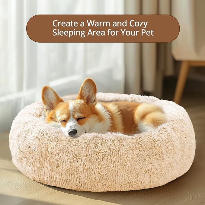 JOLLYVOGUE Calming Dog & Cat Bed for Small Dogs, Anti-Anxiety Donut Cuddler Cozy Soft Round Bed with Anti-Slip Bottom, Fluffy Faux Fur Plush Cushion Beds for Small Medium Dogs (23")
