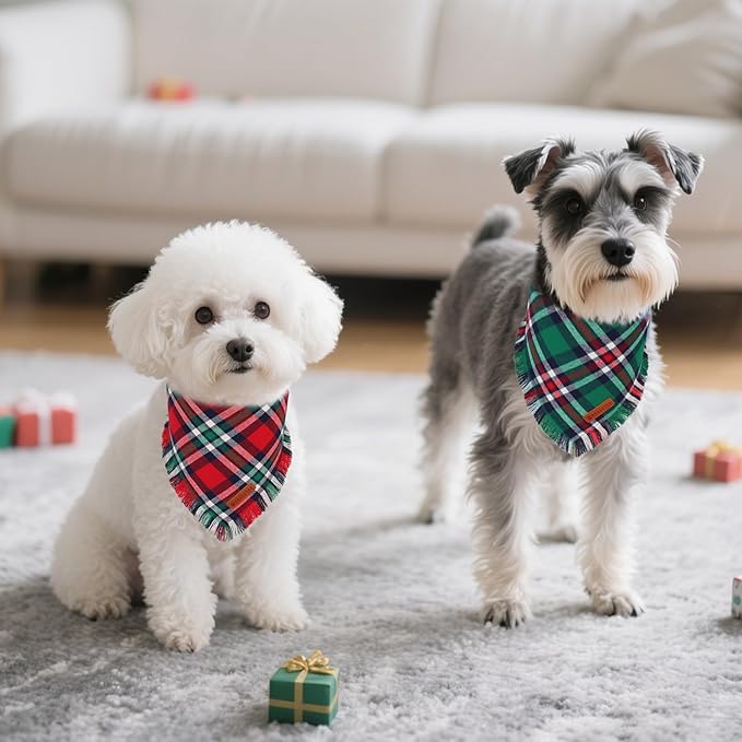 ADOGGYGO Christmas Dog Bandanas with Tassels, Festive Red Green Plaid Xmas Puppy Scarf Bib, Soft Cotton Fabric, Pet Christmas Bandanas for Small Dogs (Small)