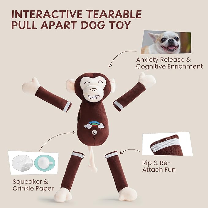 Nocciola Tearable Pull Rip Apart Dog Toys with Squeaker & Crinkle - Interactive Stuffed Plush Toy to Keep Dogs Busy, Pet Puzzle Enrichment Chew Toys for Small Medium Large Breeds