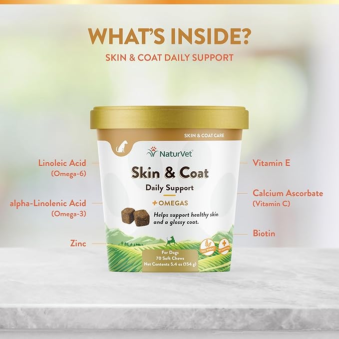 NaturVet Skin and Coat Plus Breath Aid for Dogs, 70 ct Soft Chews, Made in The USA with Globally Source Ingredients