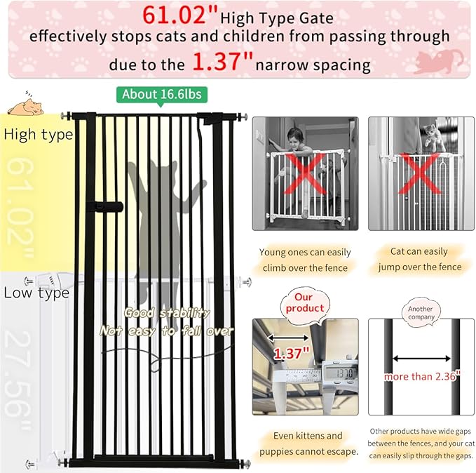 Lumizone Extra Tall Cat Gate 61.02" High Pressure Mounted Extra Wide 2025 New (17 Sizes) 1.37" Gap No Drilling Auto-Close One-Handed Operation Tall Pet Gate for Dogs(Black, 88.58"-92.71"/225-235CM)