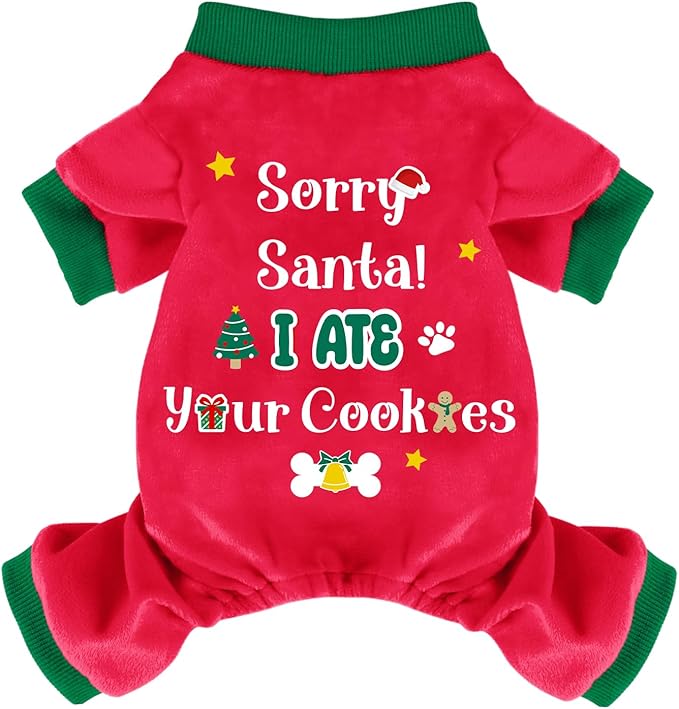 Dog Christmas Pajamas Soft Lightweight Velvet Dog Outfit Warm Pet Winter Clothes for Small Medium Large Pet Dogs Cats (Small, Sorry Santa,I ate Your Cookies)