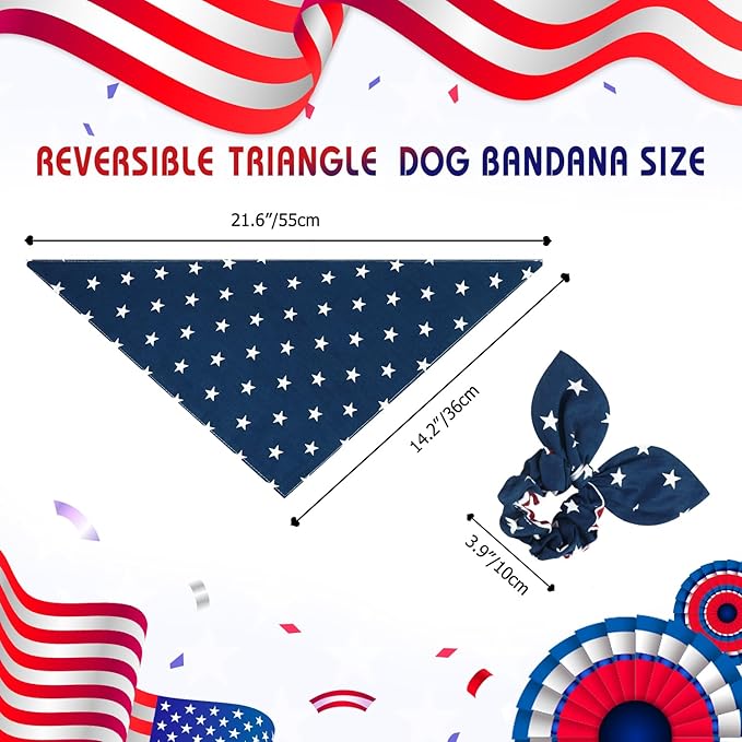 E-Clover 4th of July Dog Bandanas & Matching Scrunchie Set American Flag Dog Scarf Washable Patriotic Pet Bandana Triangle Kerchief Bibs for Small Dogs Puppy Owner Gifts