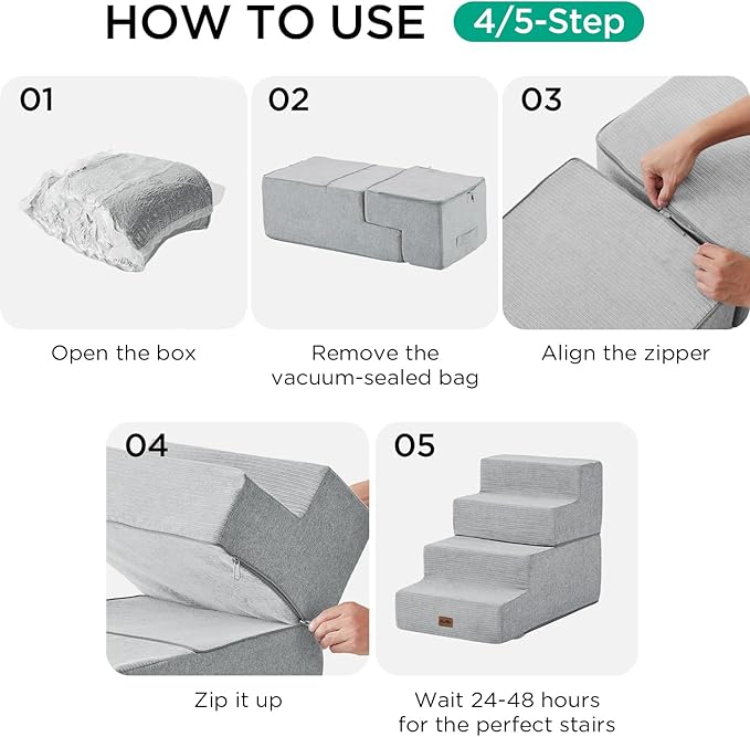 Made4Pets Dog Steps for Bed, Extra Wide Dog Stairs for High Bed Couch Sofa, 35D Foam Pet Steps for Small Dogs and Cats(Up to 40lbs), Non-Slip Bottom Pet Stairs, Light Grey, 4 Steps