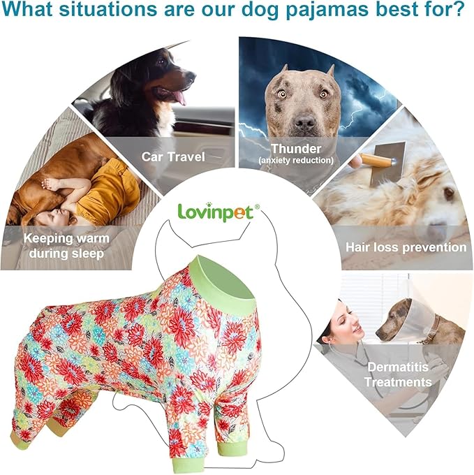 LovinPet Dog PJS Bodysuit for Large Dogs, Pet Pajamas for Dogs, Anti Licking & Anxiety Calming Dog Shirt, Lightweight Stretchy Fabric, Watermelon & Flowers Print, Pitbull Clothes, 3XL